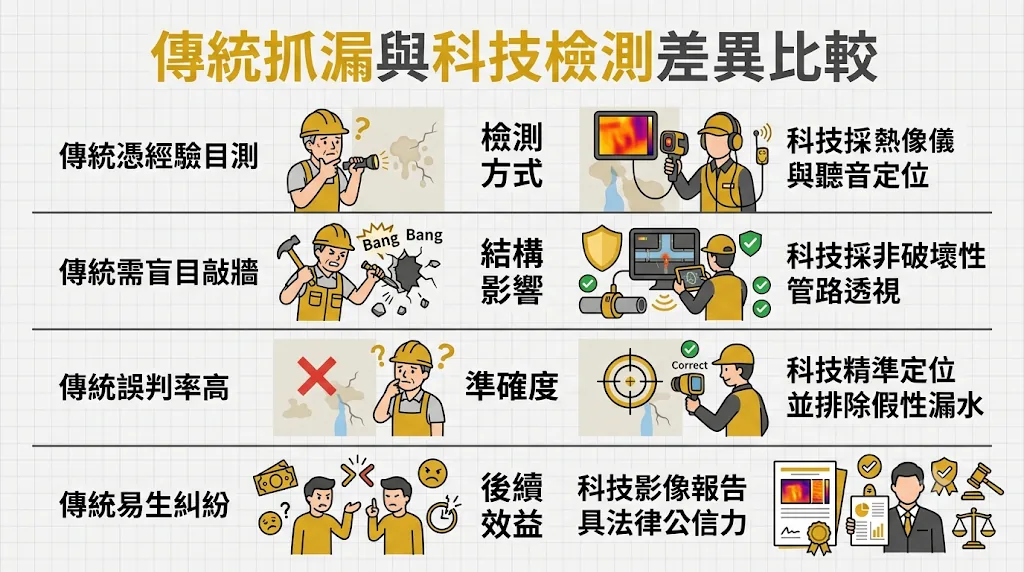 科技抓漏儀器與傳統敲打工法優缺點對比